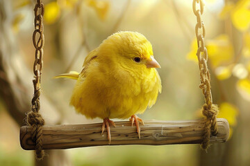 A chubby and cheerful canary perched on a swing, swaying gently.