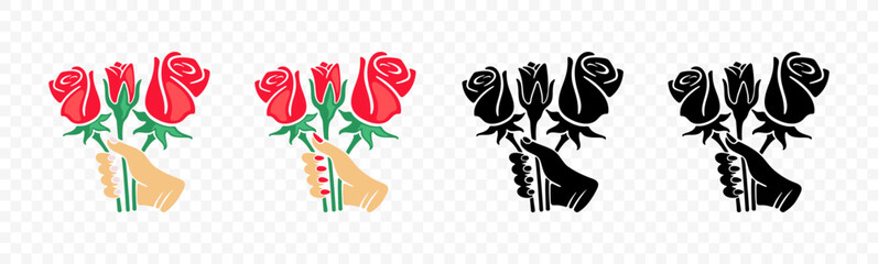 Female and male hand holding a bouquet of roses, graphic design. Floristry or floristics, floral, floweret and flowers, vector design and illustration
