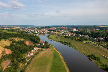 Aerial view of the tourist city of Meissen, Germany, Elbe river, Albrechtsburg castle. Famous...