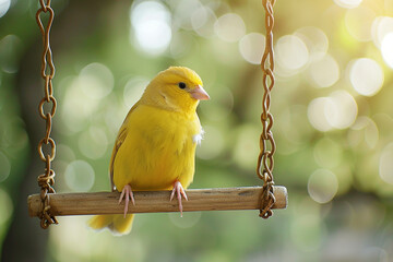A chubby and cheerful canary perched on a swing, swaying gently.