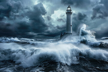 Generative ai on theme of large retro lighthouse with beam of bright light shining out to blue sea