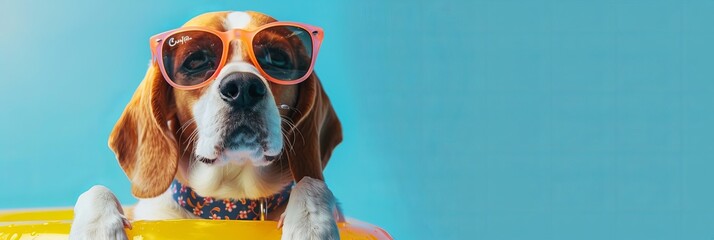 Adorable beagle dog on a solitary, blue background with sunglasses and a swimming ring. The idea of a seaside summer vacation. Banner. Copy space. - obrazy, fototapety, plakaty