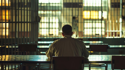 A lonely prisoner sits in the prison dining room. Gloomy room - obrazy, fototapety, plakaty