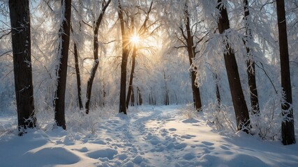 Sunlight pierces through branches of snow-covered trees, casting warm glow that contrasts cold surroundings. Forest tranquil, with tall trees whose branches laden with snow.