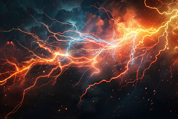 Generative ai on theme of scary bright electric lightning bolt with branches in the night dark sky