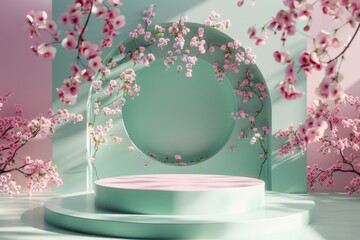 Light Green Podium For Product Presentation On a Spring-Themed Background With Cherry Tree