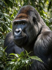 Gorilla nestled among lush green foliage, its dark fur contrasting with vibrant leaves surrounding it. Creatures thoughtful gaze directed away from camera, giving sense of contemplation, rest.
