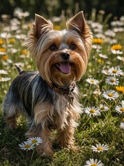 Amidst field of daisies stands small dog, coat gleaming in sunlight, predominantly black, tan. Ears alert, perked up to sounds of nature. Around neck, collar with tag shines.