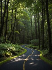 Fototapeta premium Winding road cuts through dense, lush forest, with sunlight filtering through tall trees, casting dappled shadows on pavement. Ferns, undergrowth line roadside, enhancing sense of serene.