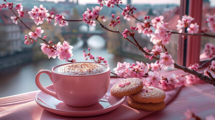 On the table are a pink cup of coffee, some cookies, and sakura blossoms. Generative AI.