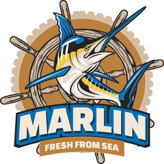 Naklejka premium Vector Illustration of Marlin Fish and Ship Steering with Vintage Illustration Available for Logo Badge
