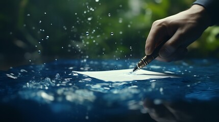A slow-motion sequence captures the moment a fountain pen makes contact with the paper, the ink spreading elegantly across the contract as it solidifies a multi-million-dollar deal, accompanied by a s - obrazy, fototapety, plakaty