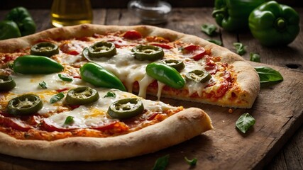 Freshly baked pizza sits on wooden table, partially sliced with one piece being pulled away showing cheese stretch. Golden brown crust, vibrant toppings of pepperoni slices.
