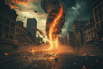 Generative ai on theme of scary huge hurricane fire tornado, apocalyptic dramatic background - obrazy, fototapety, plakaty