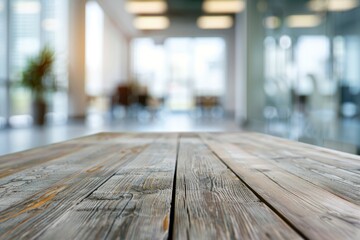 Table with blur background of corporate office conference room with glass interior for office product place on the table defocus office background. The office table made of wood - generative ai