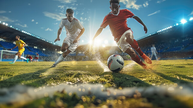 Two soccer players battling for control of a football. Generative AI.