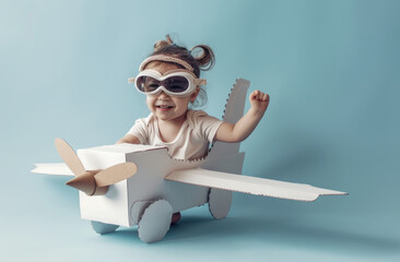 A joyful child playing with an airplane made of cardboard, wearing pilot goggles and flying high in the sky on a light blue background