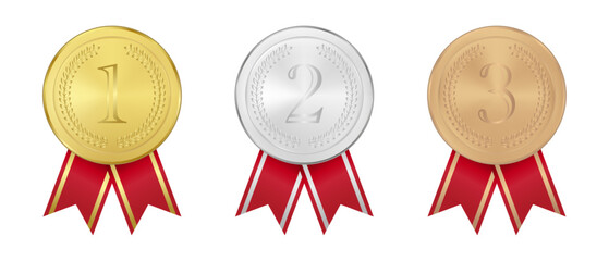 Winners medals in gold, silver, bronze with elegant red ribbon, isolated on transparent background.