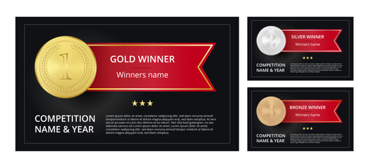 Award winning web banner layout, vector flyer design with golden, silver, bronze medals and red ribbon on black background, space for text.