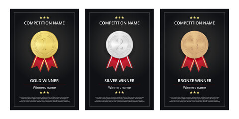 Sports competition winners banner, vector flyer layoutwith golden, silver, bronze medals and red ribbon on black background.