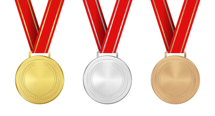 Award medals in gold, silver, bronze on transparent background with red ribbons