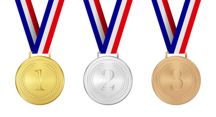 Realistic olympic sports medals in gold, silver, bronze on transparent background, ribbons with french flag colors blue, white, red,