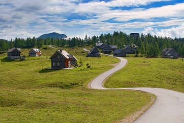 Scenic path in beautiful summer mountain pasture with wooden cabins and barns, Tauplitzalm area, Austria