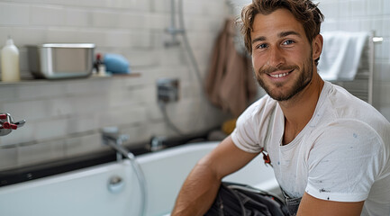 Portrait of a happy electrician working in a modern white bathroom, posing a towel dryer. A bathtub with black tiles. Generative AI.