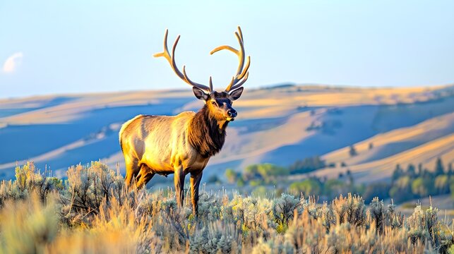 Majestic elk standing in open wild grassland during golden hour. Capturing the essence of wildlife, natural habitat. Perfect for nature themes. AI