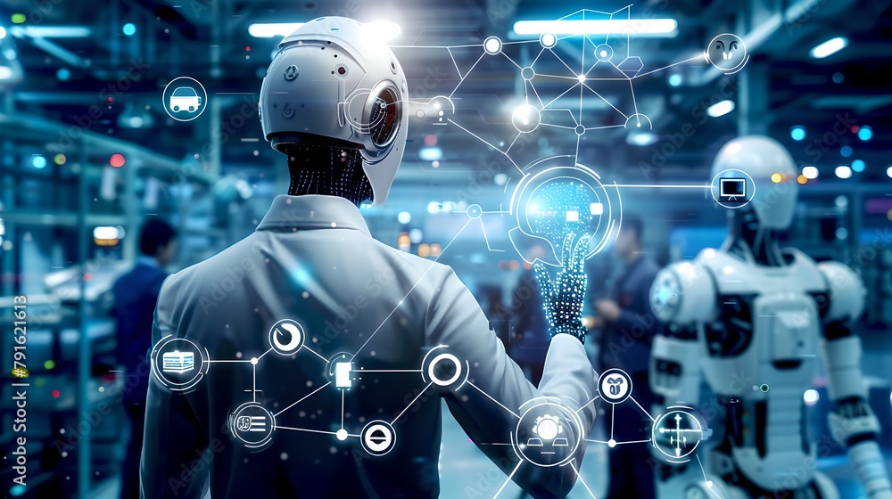 Poster futuristic interface interaction conceptual photo. man and robots collaborating. modern technologica