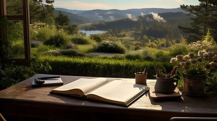 A writer's retreat with a serene view of the countryside, featuring a desk adorned with a fountain pen and journal