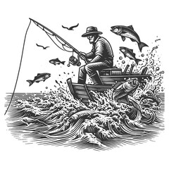fisherman in a hat, seated in a small boat, reeling in vigorously leaping fish sketch engraving generative ai fictional character raster illustration. Scratch board imitation. Black and white image.
