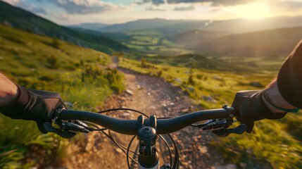 Biking in nature for training, sports, and travel. Exercise and wellness with closeup of rider and bike handlebar on route for energy and freedom.