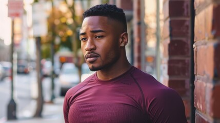 Fototapeta premium Breathe, black man face, and outside fitness break for city, wellbeing, and running. Runner, breathing and relax for sports training with motivation, focus mindset and thinking of goals