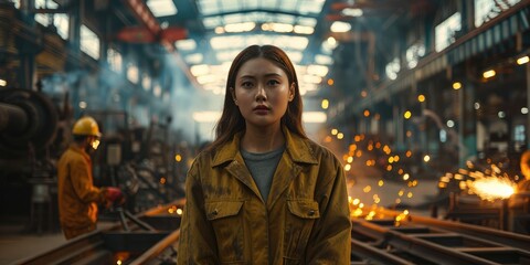 Fototapeta premium Chinese woman stands in inside a factory, behind her are long metal with factory workers welding, sparks are flying. Generative AI.