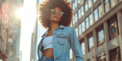 Chic Hispanic woman with sunglasses outside. A cheerful young mixed-race woman with a curly afro wearing a trendy denim jacket enjoys a summer day at the park.