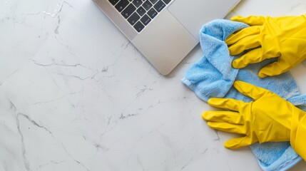 Cleaning, keyboard, and cloth for office policy, compliance, and covid healthcare. Modern office desk, workspace, and cleaner remove dust and bacteria.