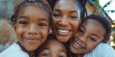 Close up of cute girl taking selfie or shooting humorous video with family on phone. Happy mixed-race family with two children and parents taking a mobile phone family photo. - obrazy, fototapety, plakaty