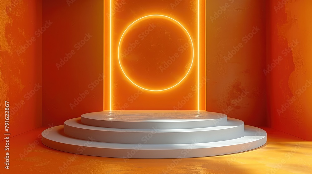 Aufkleber 3d render podium background with white circle light ring on orange background, minimal showcase scen