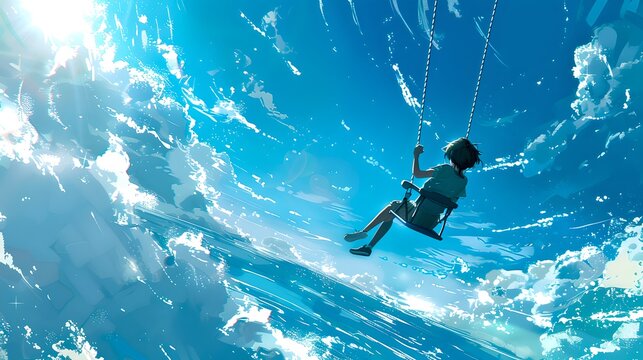 Child on a Swing Soaring High Above Clouds, Experiencing Freedom and Joy, Vivid and Dreamy Sky, Digital Art Illustration. AI