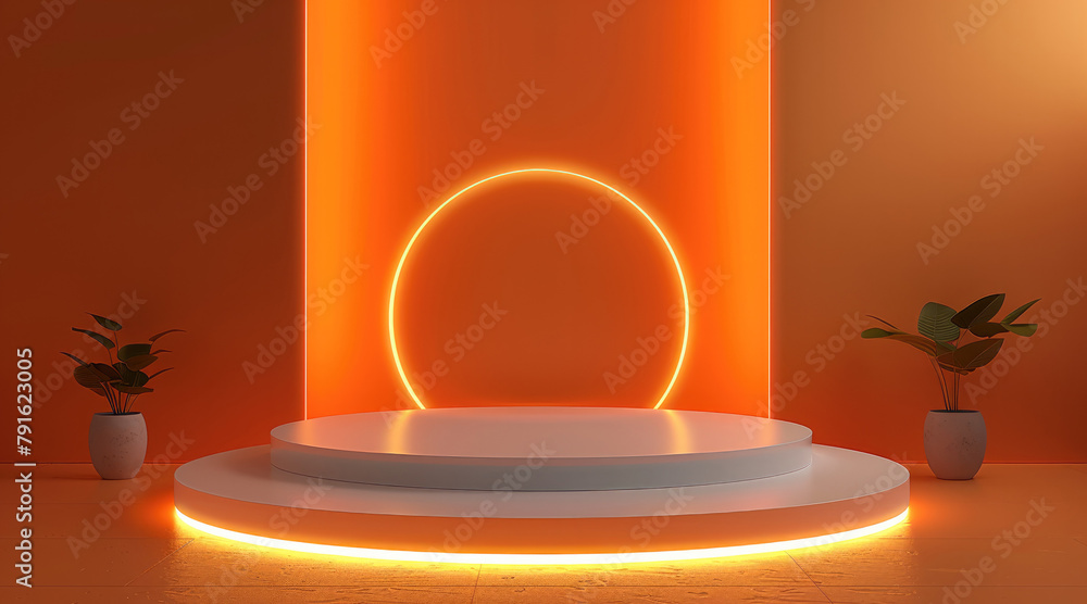 Poster 3d render podium background with white circle light ring on orange background, minimal showcase scen