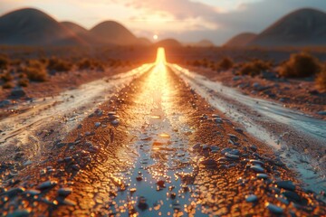 The 3D illustration shows a desert road coming from a smart phone. It depicts a desert landscape with sandy road coming from the smart phone. It is a travel and tourism creative advertisement design.