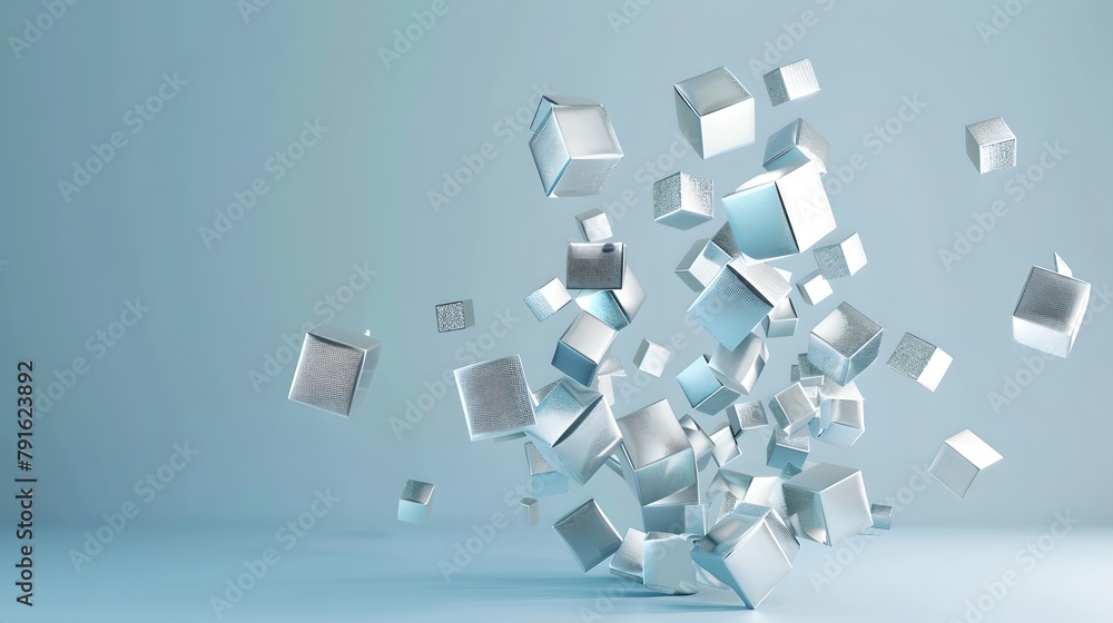 Poster abstract floating cubes on a calm blue backdrop illustrate concepts of technology and digitalization