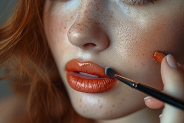 beautiful red lips with brush. beauty fashion model