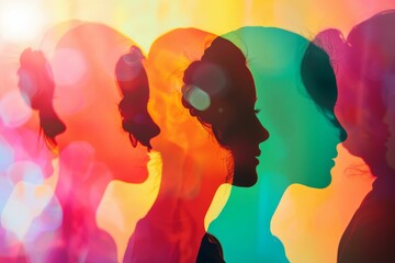 rainbow, multi-colored silhouettes. people of different ethnicities and cultures stand side by side together. Beautiful simple AI generated image in 4K, unique.