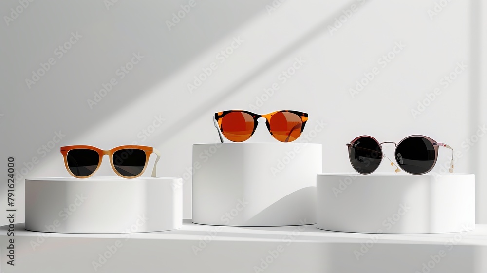 Wall mural Eyeglasses and trendy sunglasses with various designs displayed on podiums against a white backdrop. Minimalism. Concept for selling sunglasses and eyewear. Banner for a promotion at an optical shop. 