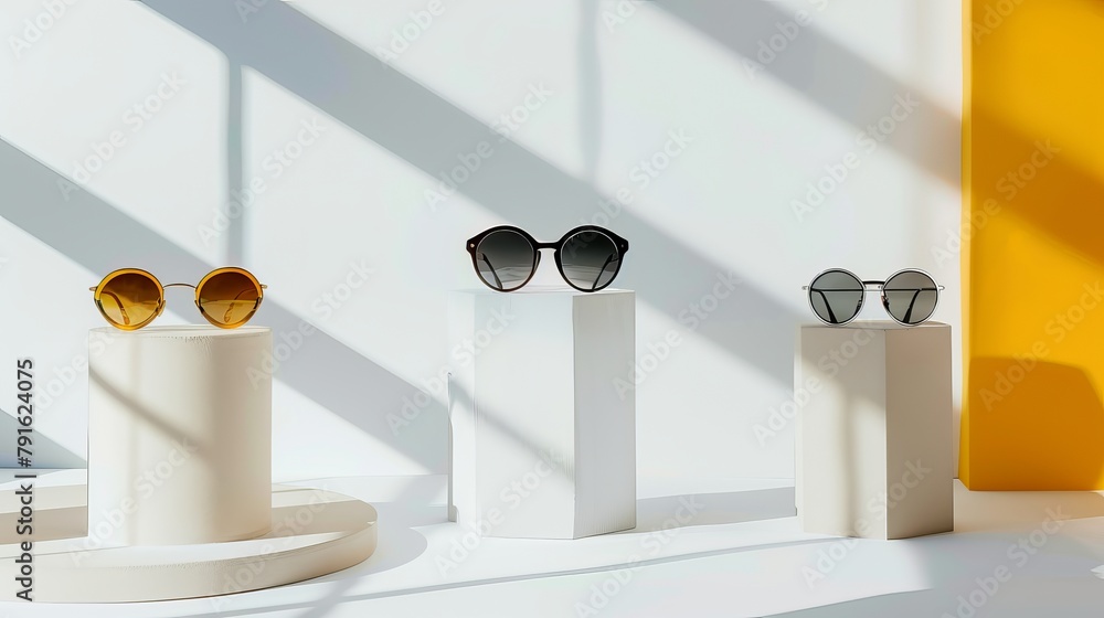 Wall mural Eyeglasses and trendy sunglasses with various designs displayed on podiums against a white backdrop. Minimalism. Concept for selling sunglasses and eyewear. Banner for a promotion at an optical shop. 