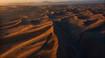 Aerial view of desert landscape with mountains and valleys at sunset