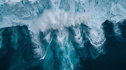 Arctic Iceberg Calving into Ocean from Above - obrazy, fototapety, plakaty