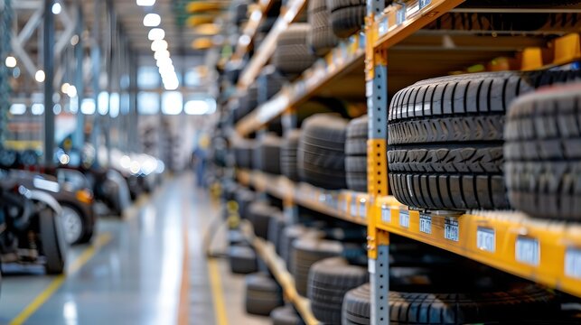 Automotive tires stacked on warehouse shelves. Car service inventory. Shallow depth of field. Industrial background for design and text. AI